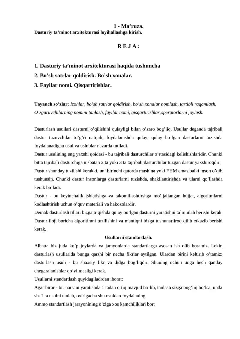 Dasturiy ta’minot arxitekturasi loyihallashga kirish. 1