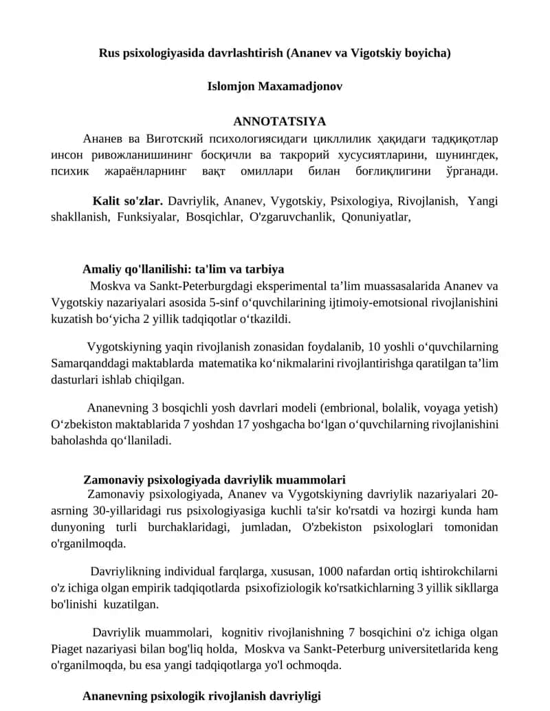 Rus psixologiyasida davrlashtirish (Ananev va Vigotskiy boyicha) 1