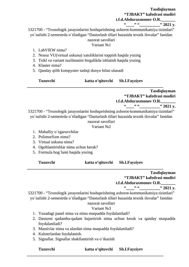 Dasturlash tillari bazasida texnik ilovalar fanidan nazorat savollari 1