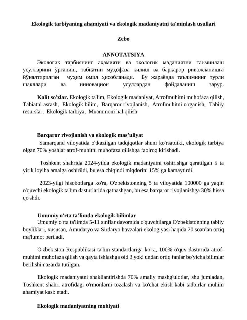 Ekologik tarbiyaning ahamiyati va ekologik madaniyatni ta'minlash usullari 1