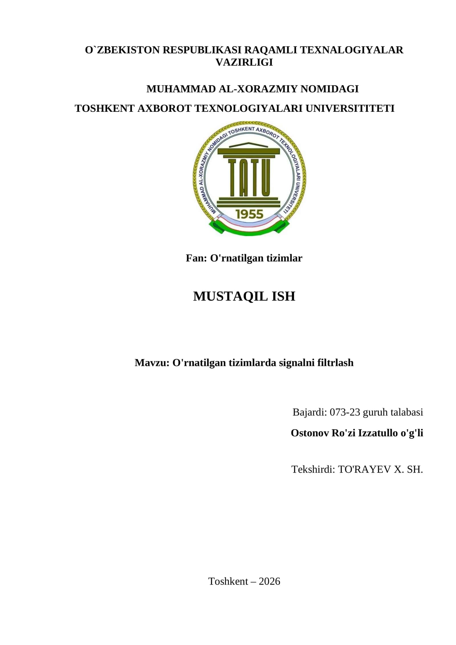 O'rnatilgan tizimlarda signalni filtrlash 1