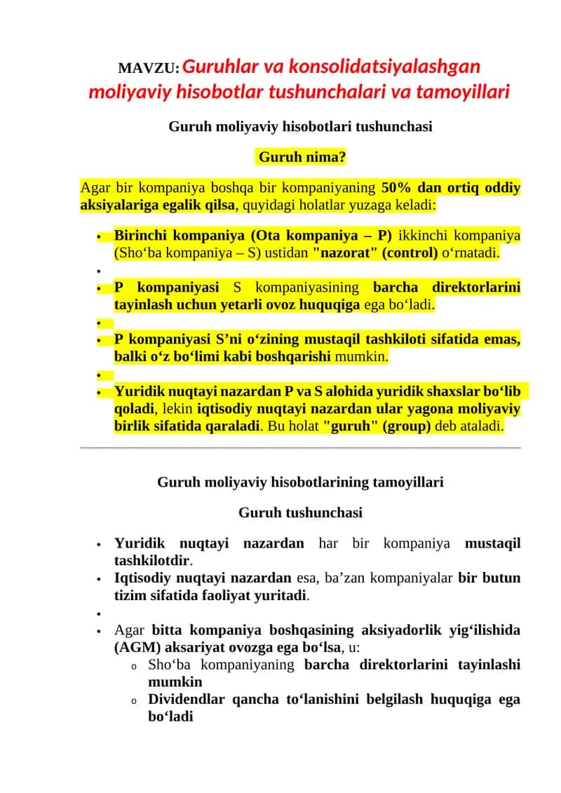 Guruhlar va konsolidatsiyalashgan moliyaviy hisobotlar tushunchalari va tamoyillari 1