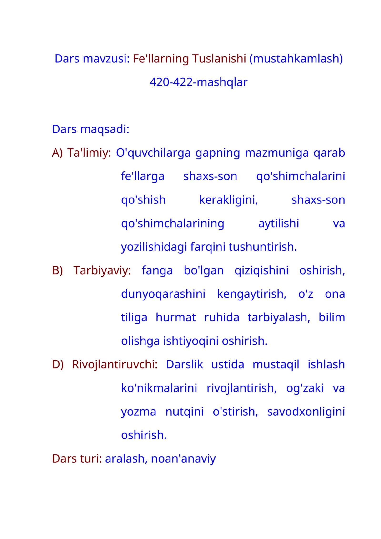 4-sinf Ona tili fanidan dars ishlanma. Fe'llarning tuslanishi 1