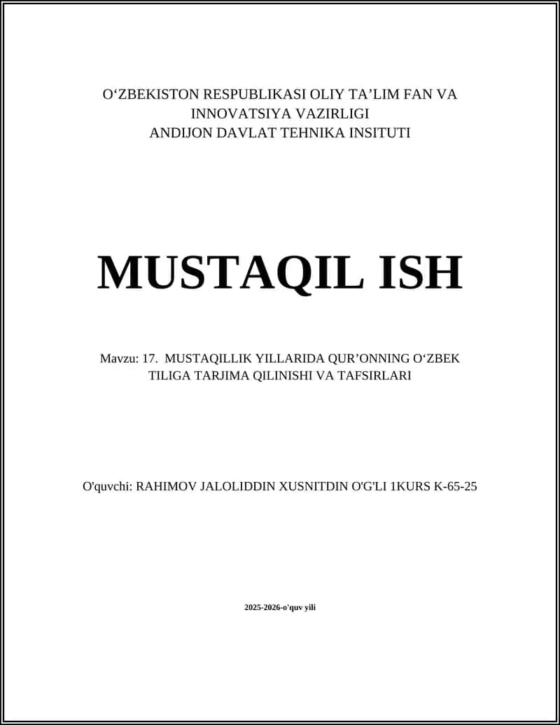 MUSTAQILLIK YILLARIDA QUR’ONNING O‘ZBEK TILIGA TARJIMA QILINISHI VA TAFSIRLARI 1