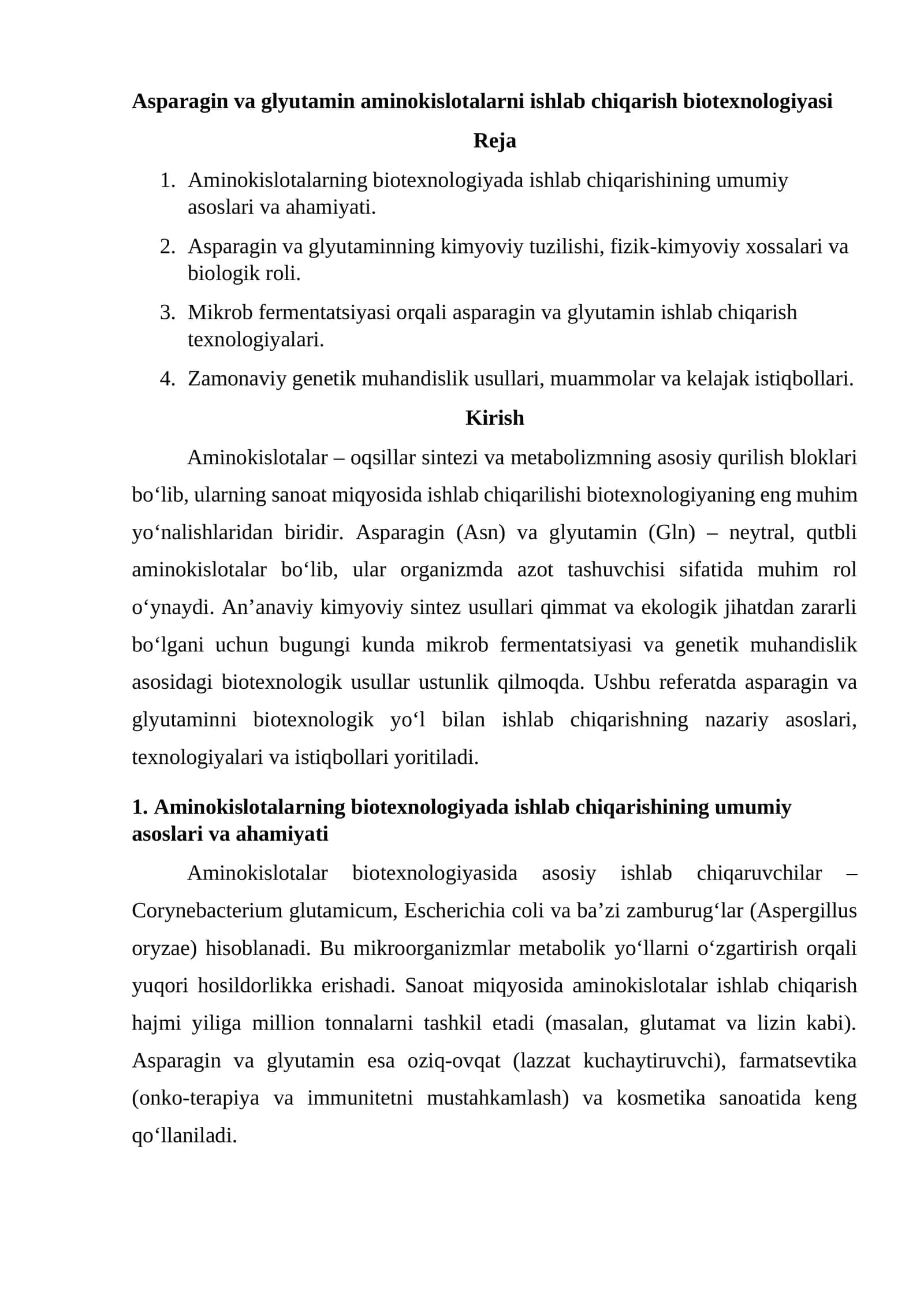Asparagin va glyutamin aminokislotalarni ishlab chiqarish biotexnologiyasi 1