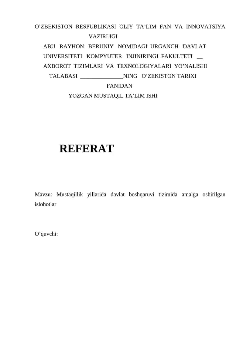 mustaqillik yillarida davlat bosjqaruv tizimida amalga oshirilgan islohotlar 1