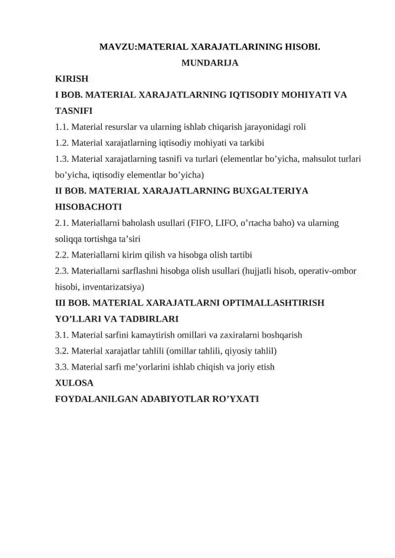 MATERIAL XARAJATLARINING HISOBI