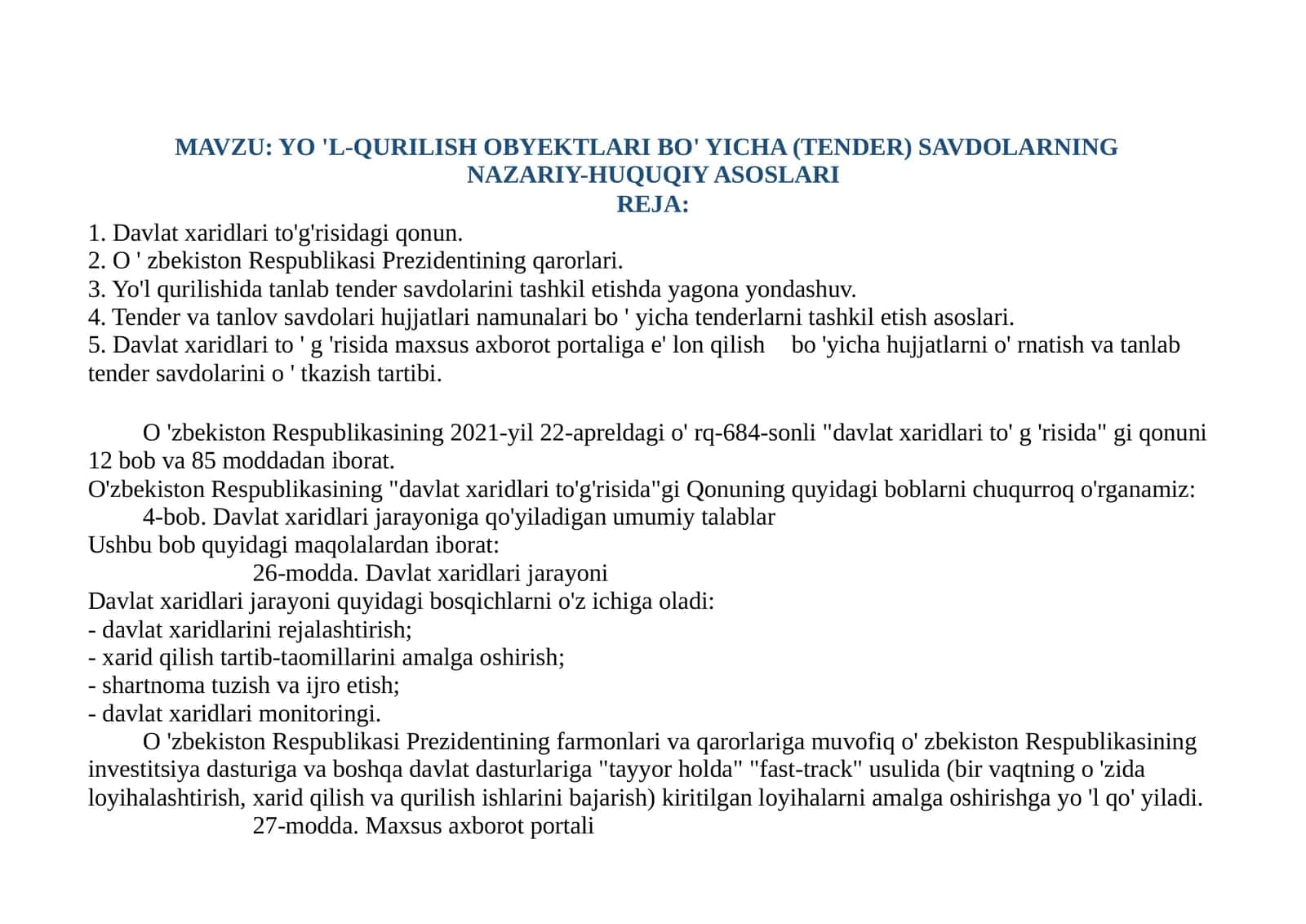 YO'L-QURILISH OB'EKTLARI BO'YICHA (TENDER) SAVDOLARNING NAZARIY-HUQUQIY ASOSLARI 1