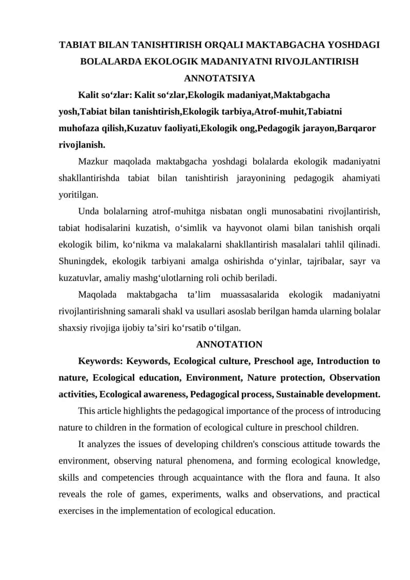 TABIAT BILAN TANISHTIRISH ORQALI MAKTABGACHA YOSHDAGI BOLALARDA EKOLOGIK MADANIYATNI RIVOJLANTIRISH 1