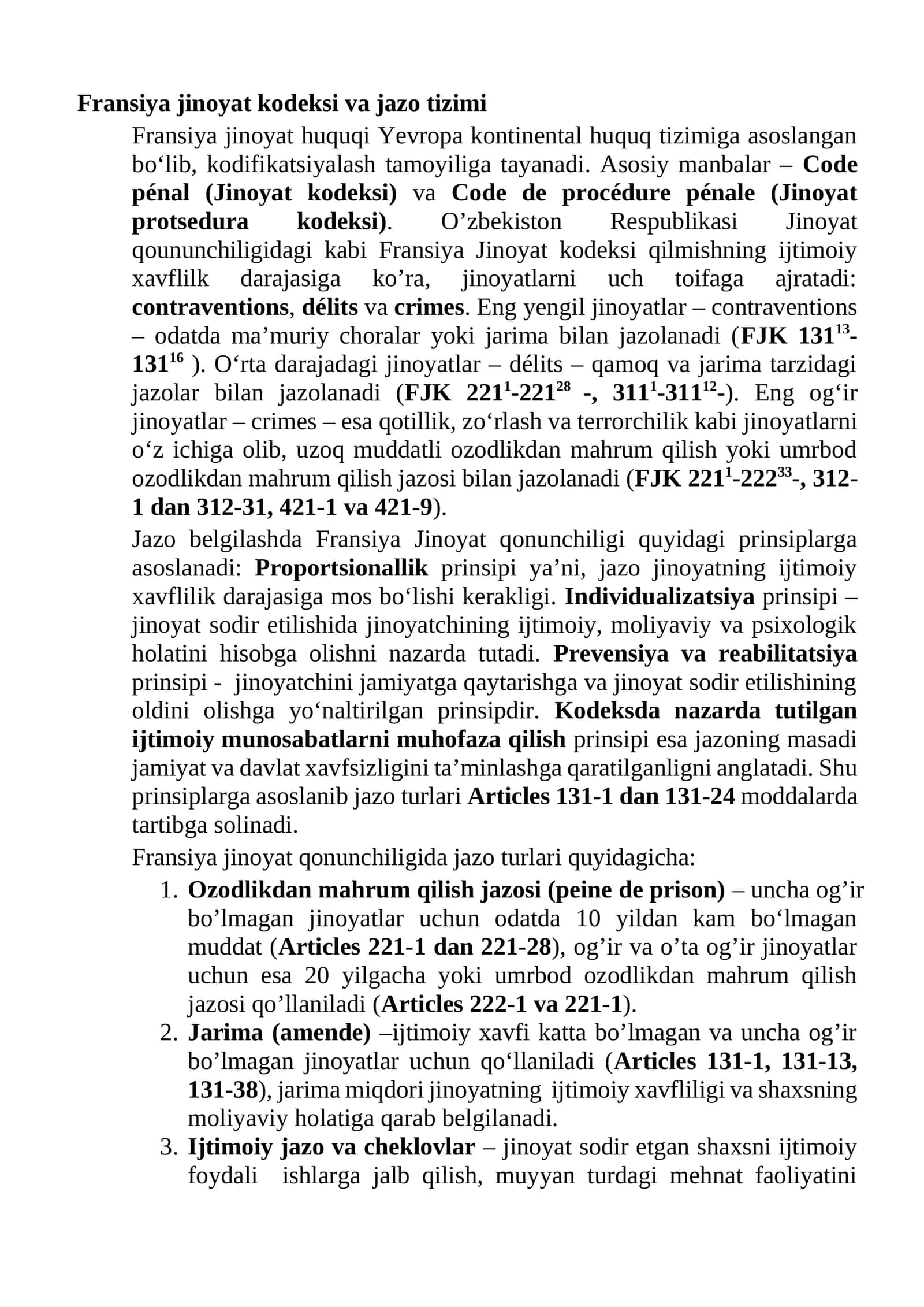Fransiya jinoyat kodeksi va jazo tizimi 1