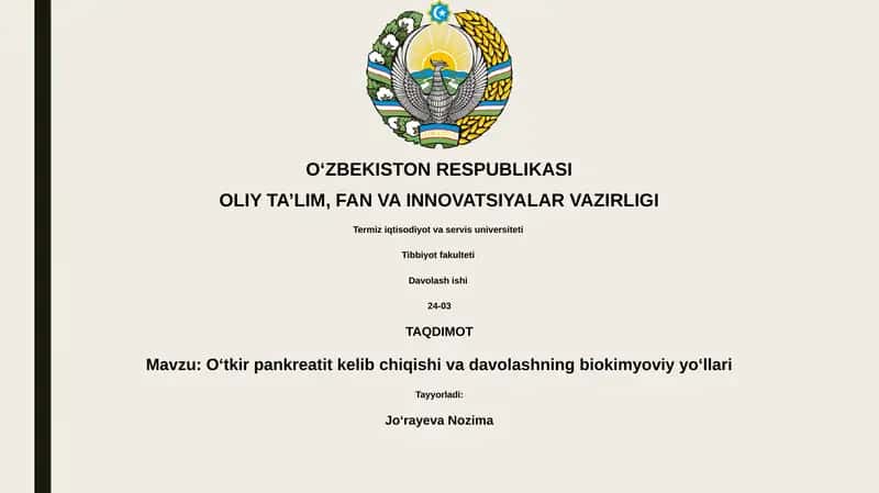 Oʻtkir pankreatit kelib chiqishi va davolashning biokimyoviy yoʻllari 1