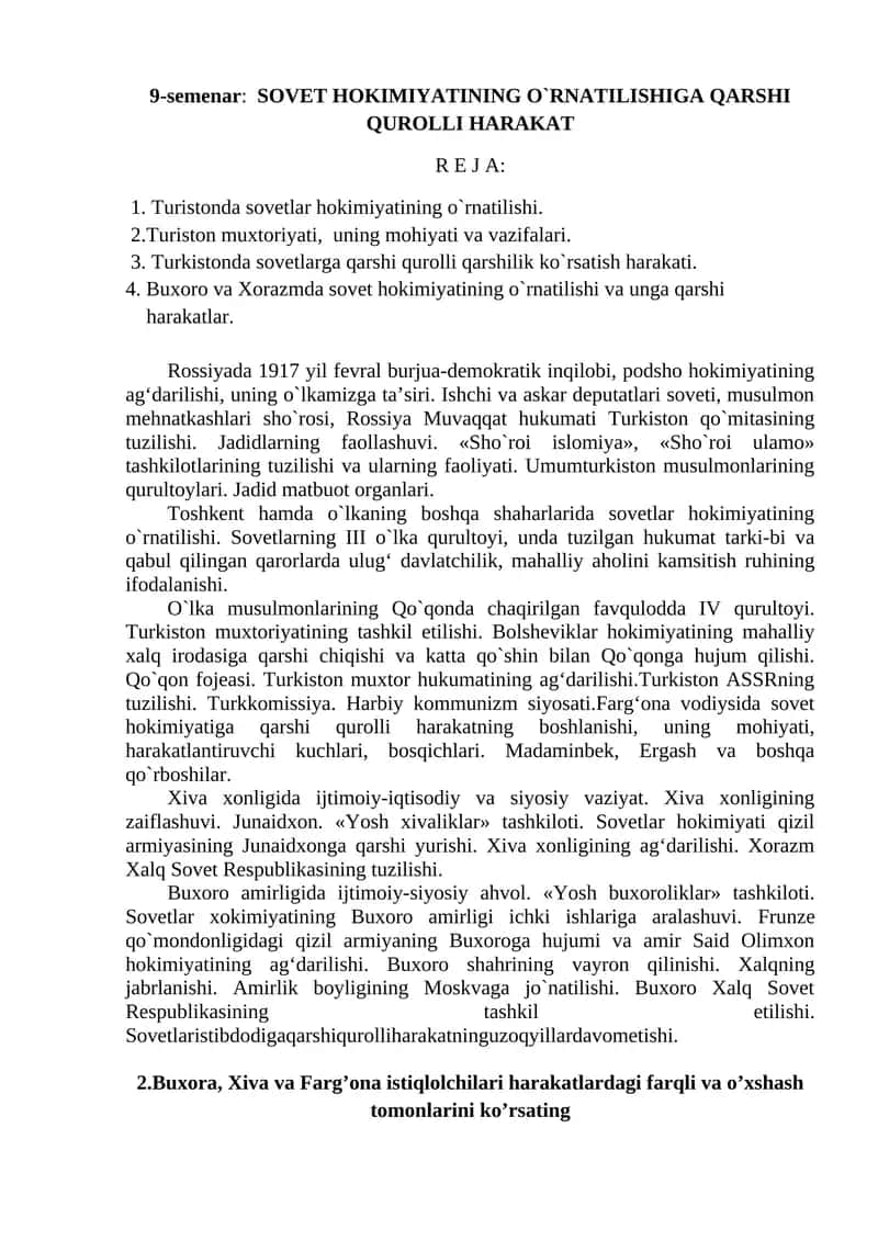 SOVET HOKIMIYATINING O`RNATILISHIGA QARSHI QUROLLI HARAKAT 1