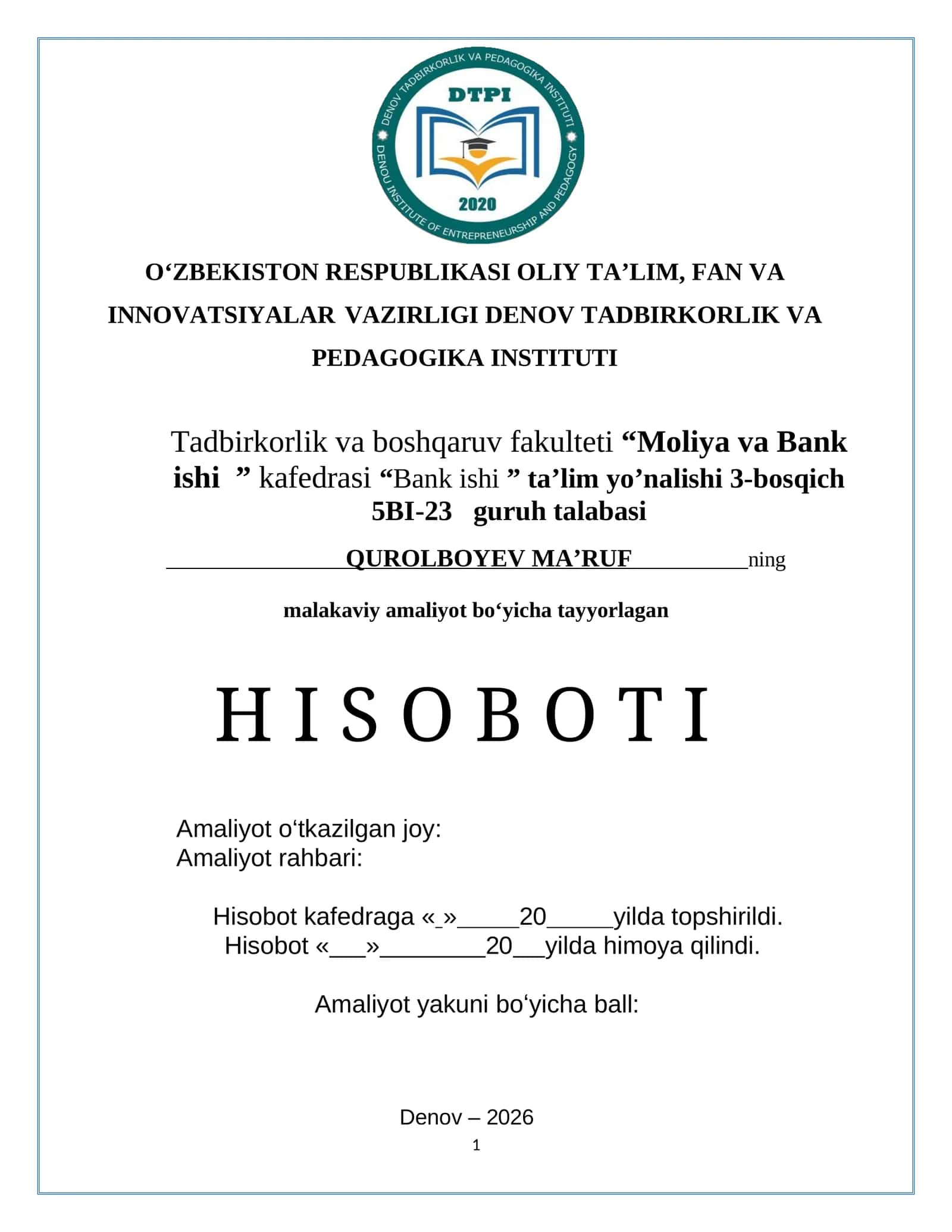 AGROBANK ATB umumiy tushuncha  hamda  "Agrobank" Xorazm Viloyati Yangibozor tuman filialining  Malakaviy amaliyot bo’yicha tayyorlagan hisobot 1