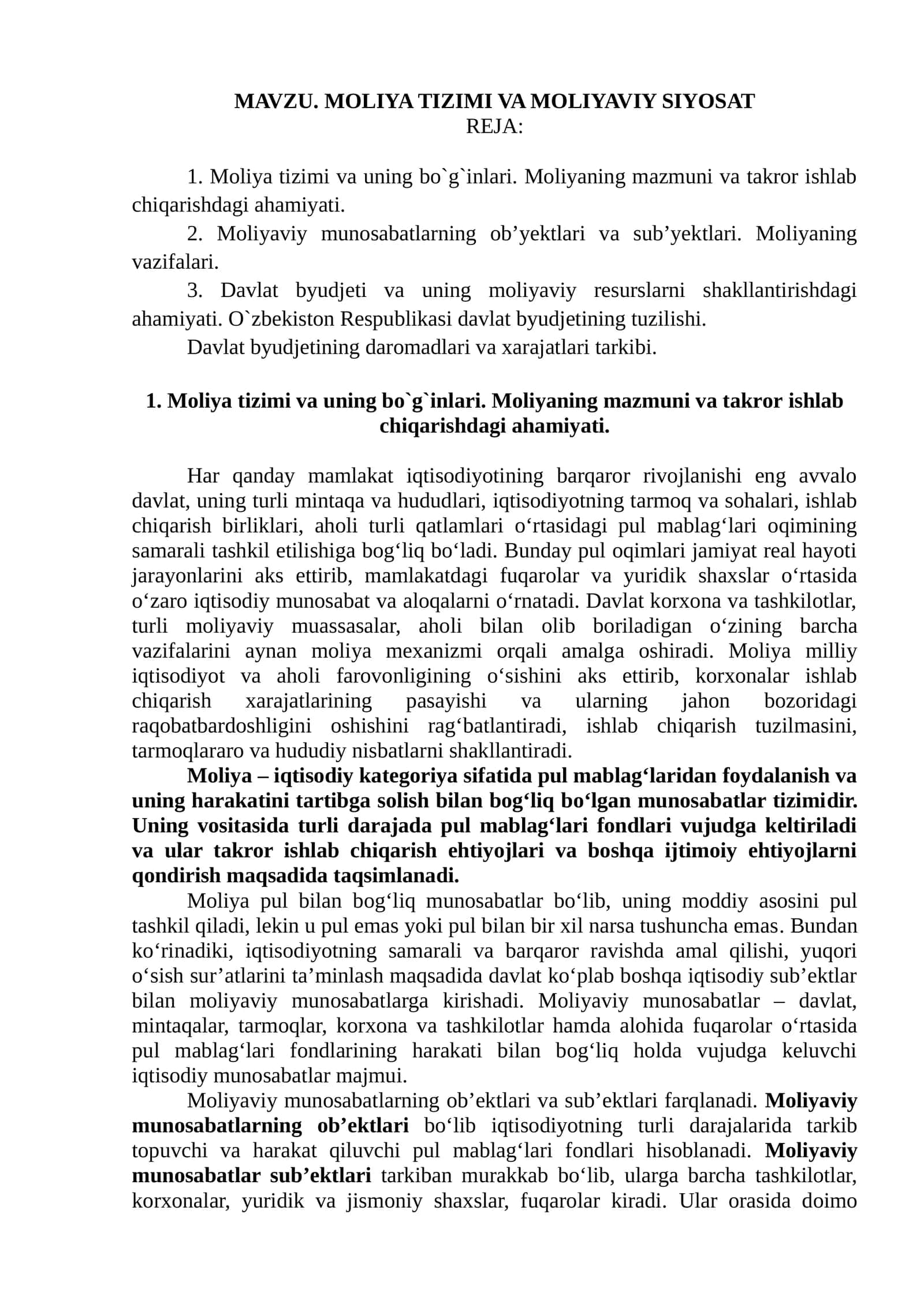 Moliya tizimi va moliyaviy siyosat 1