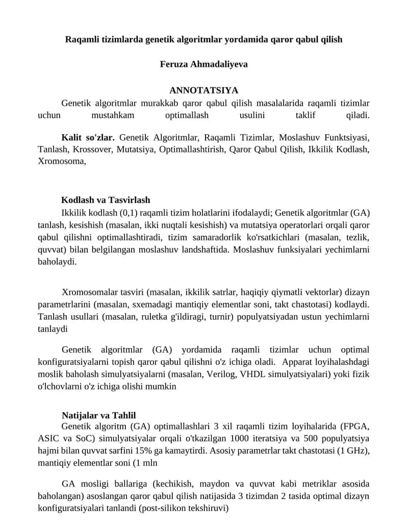 Raqamli tizimlarda genetik algoritmlar yordamida qaror qabul qilish 1