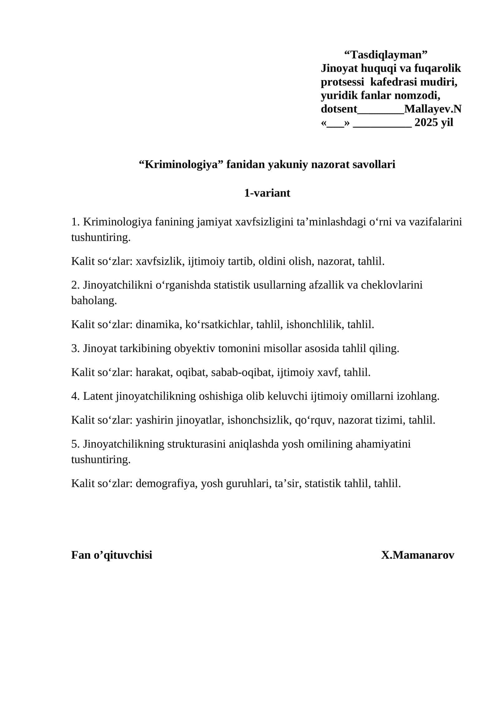 Kriminologiya fanidan yakuniy nazorat savollari 1