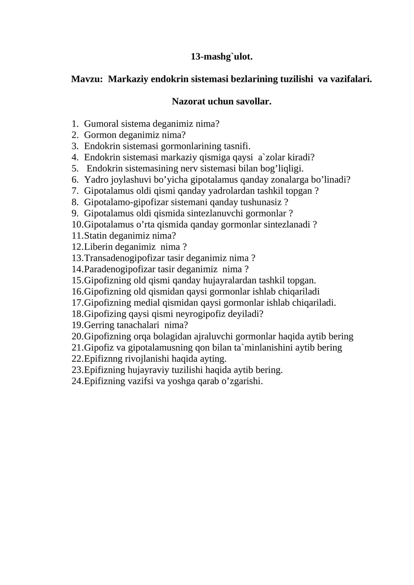 Markaziy endokrin sistemasi bezlarining tuzilishi va vazifalari 1
