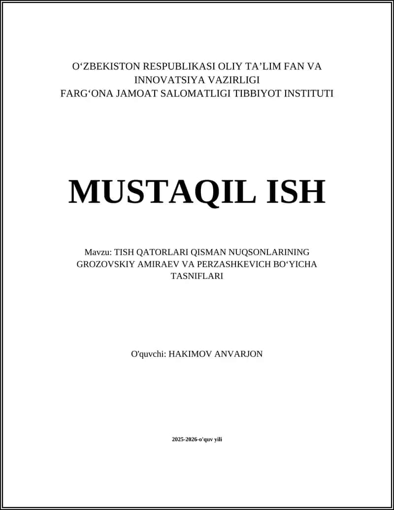 TISH QATORLARI QISMAN NUQSONLARINING GROZOVSKIY AMIRAEV VA PERZASHKEVICH BOʻYICHA TASNIFLARI 1