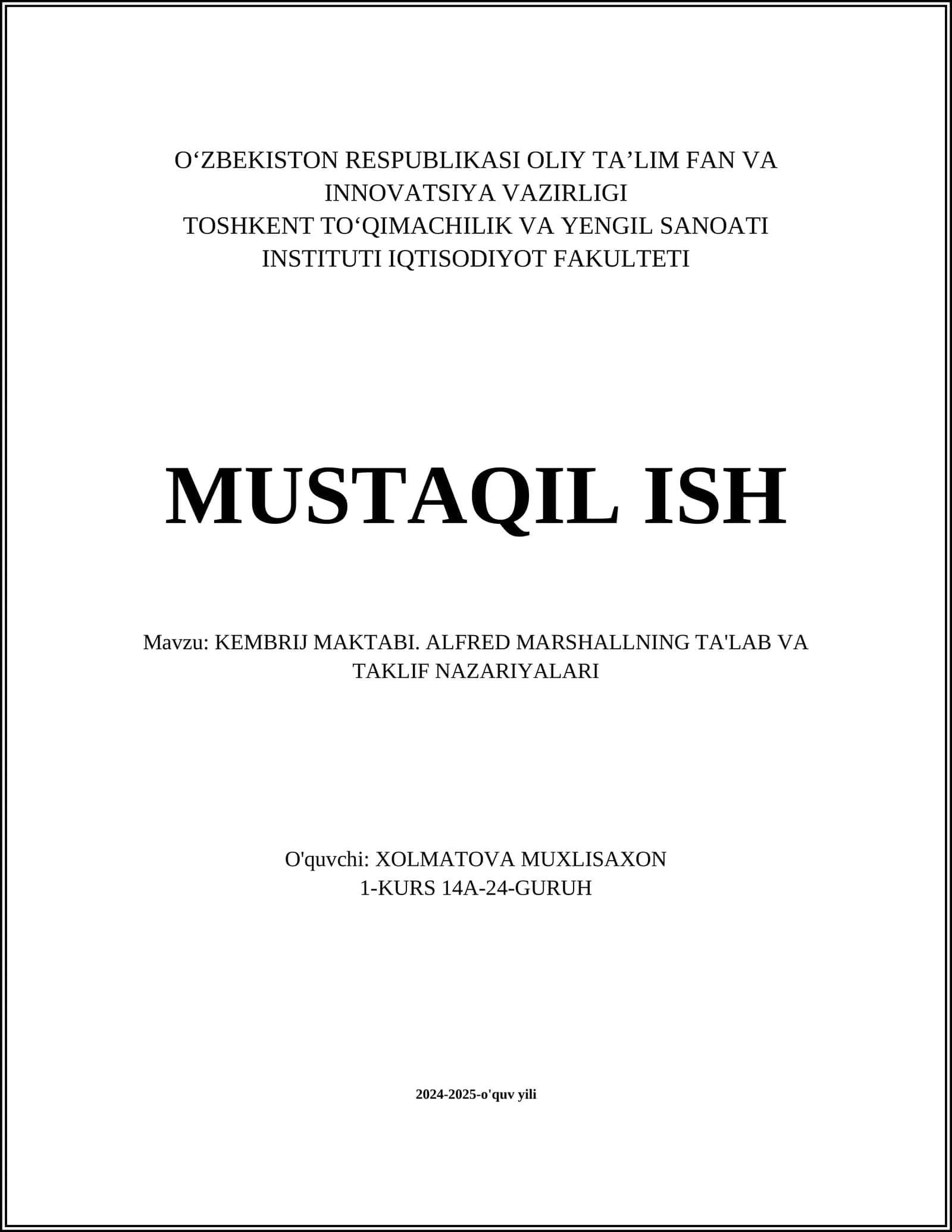 KEMBRIJ MAKTABI. ALFRED MARSHALLNING TA'LAB VA TAKLIF NAZARIYALARI 1