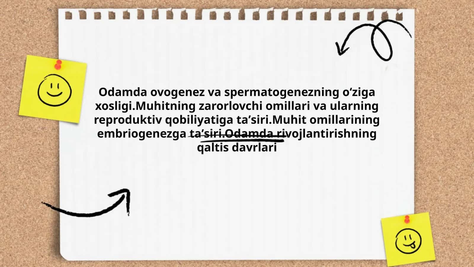 Odamda ovogenez va spermatogenezning oʻziga xosligi.Muhitning zarorlovchi omillari va ularning reproduktiv qobiliyatiga taʼsiri. Muhit omillarining embriogenezga taʼsiri.Odamda rivojlantirishning qaltis davrlari 1