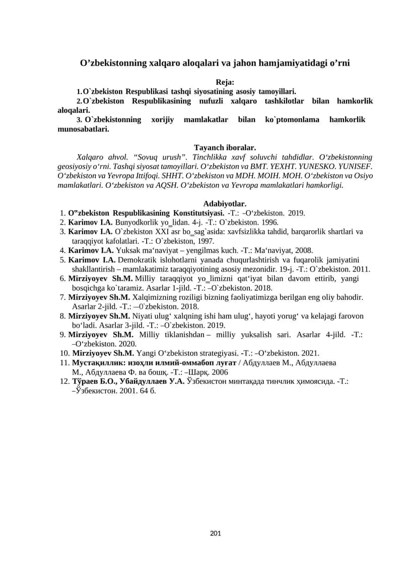 O’zbekistonning xalqaro aloqalari va jahon hamjamiyatidagi o’rni 1