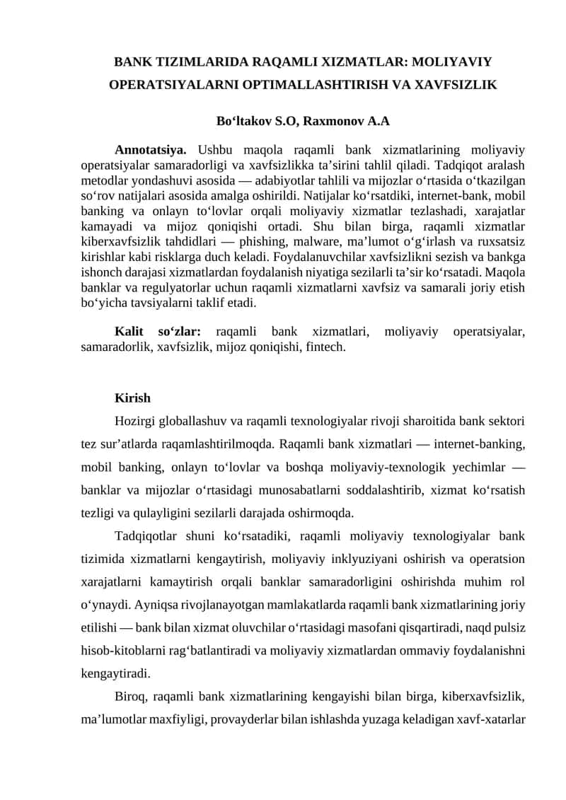 BANK TIZIMLARIDA RAQAMLI XIZMATLAR: MOLIYAVIY OPERATSIYALARNI OPTIMALLASHTIRISH VA XAVFSIZLIK 1
