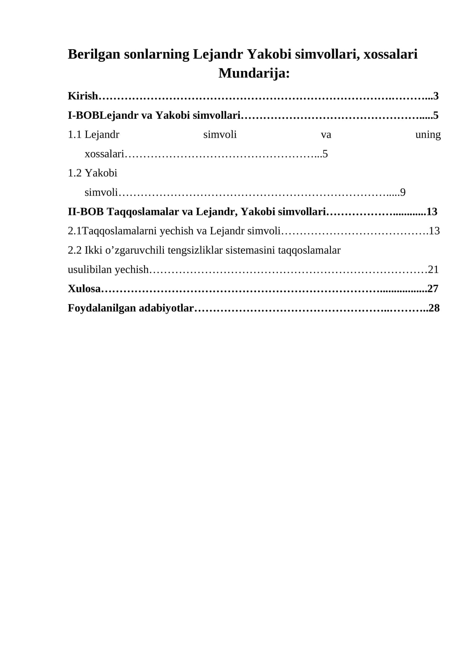 Berilgan sonlarning Lejandr Yakobi simvollari, xossalari 1