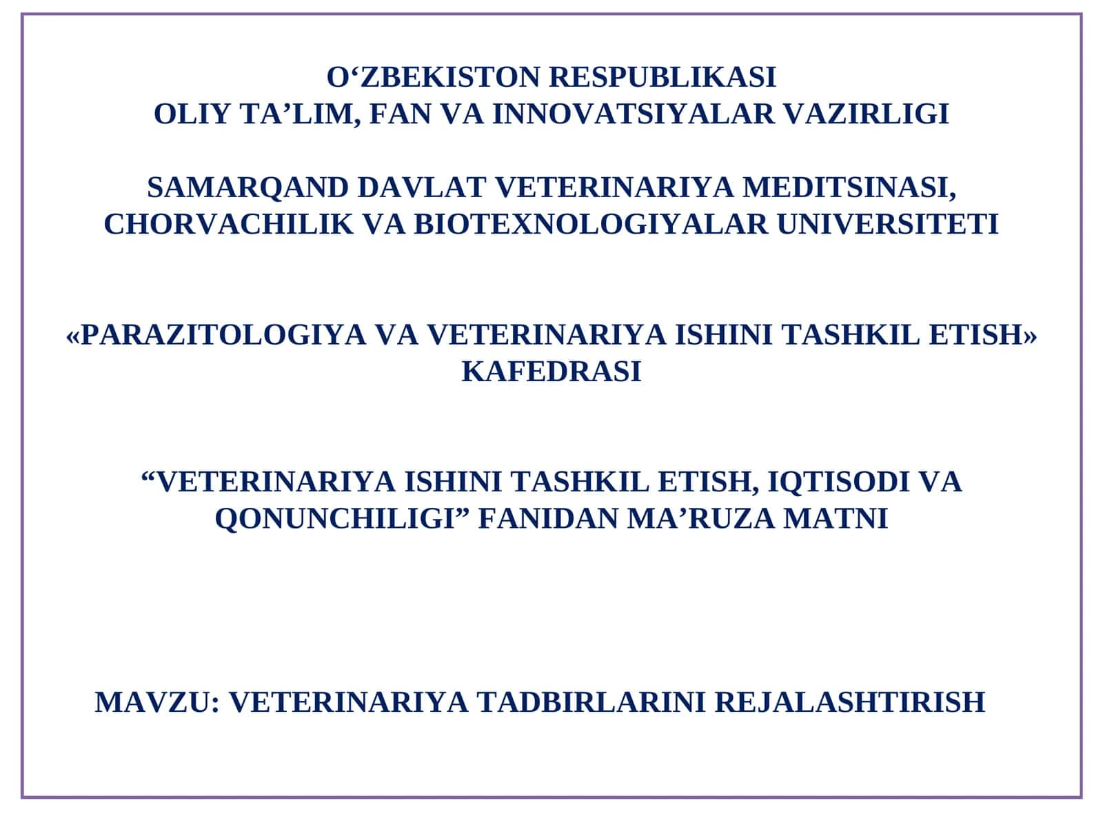 VETERINARIYA TADBIRLARINI REJALASHTIRISH 1