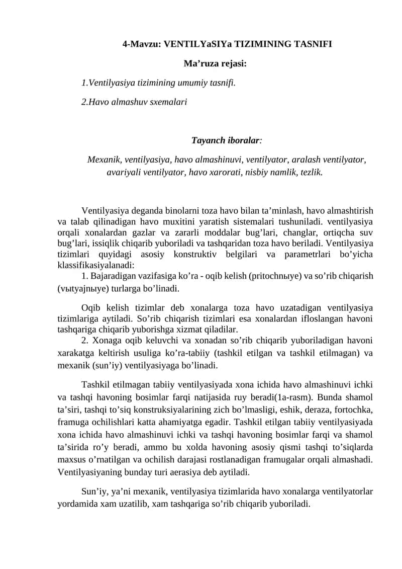VENTILYaSIYa TIZIMINING TASNIFI 1