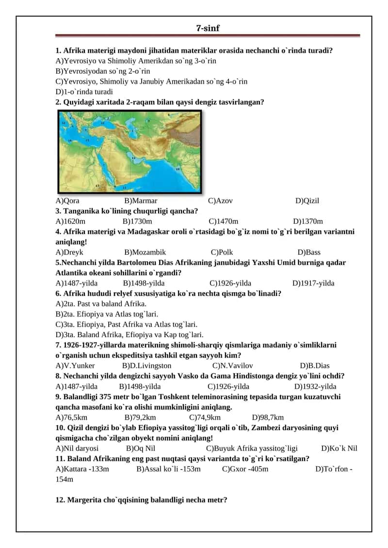 7-sinf yangi darslik bo`yicha variantli test. 1