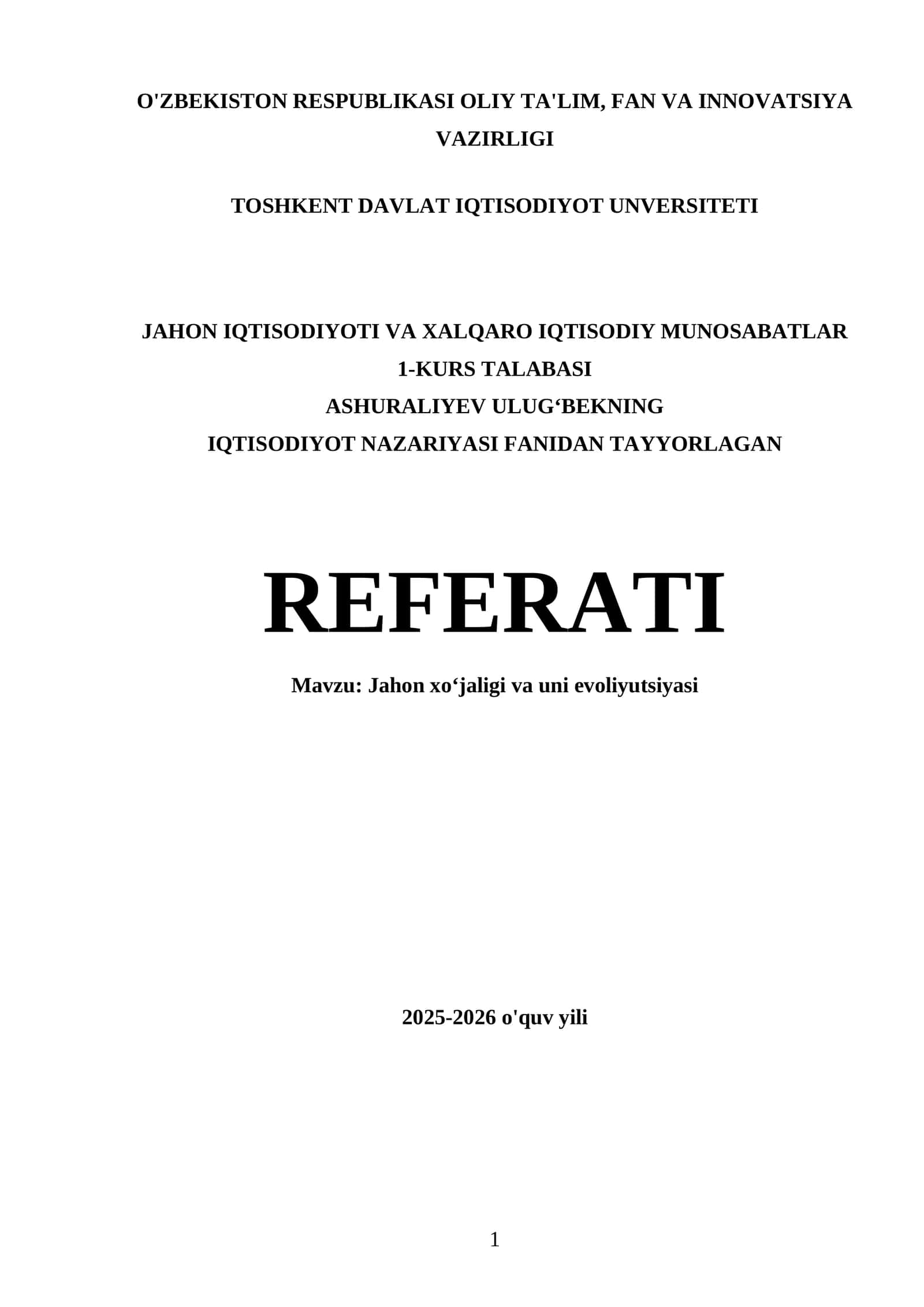 IQTISODIYOT NAZARIYASI FANIDAN TAYYORLAGAN REFERATI 1