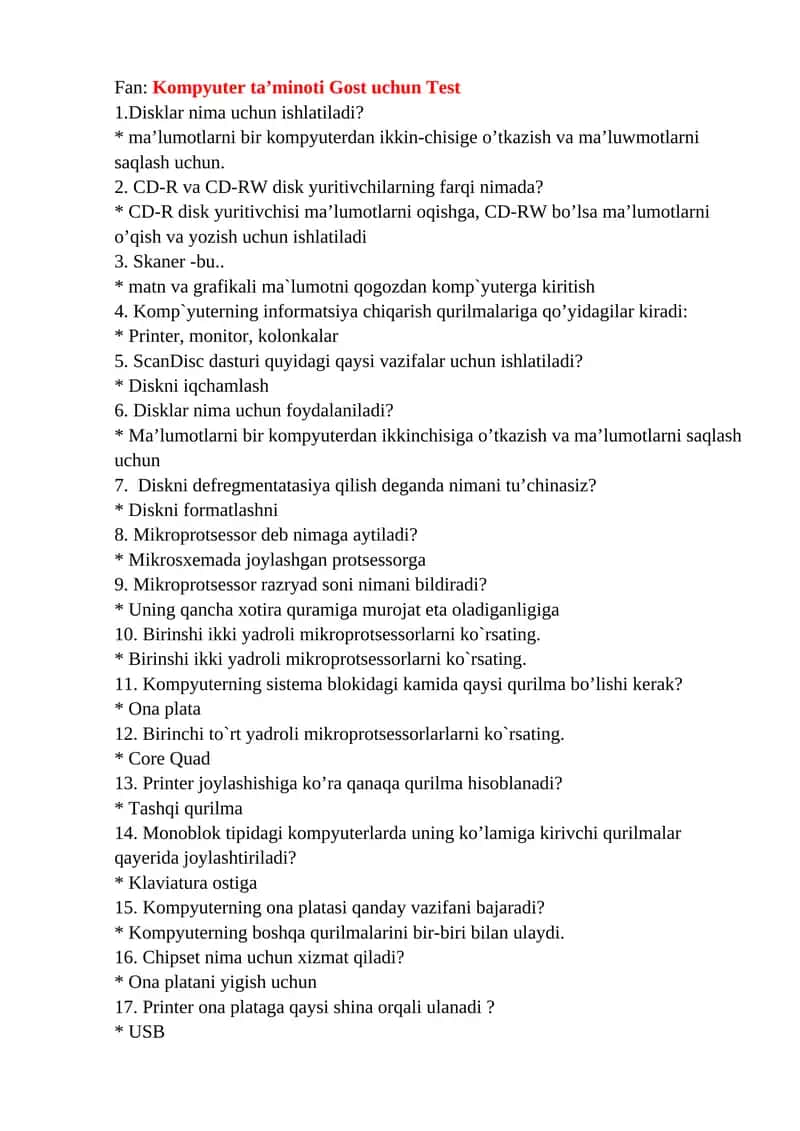 Kompyuter ta’minoti Gost uchun Test 1