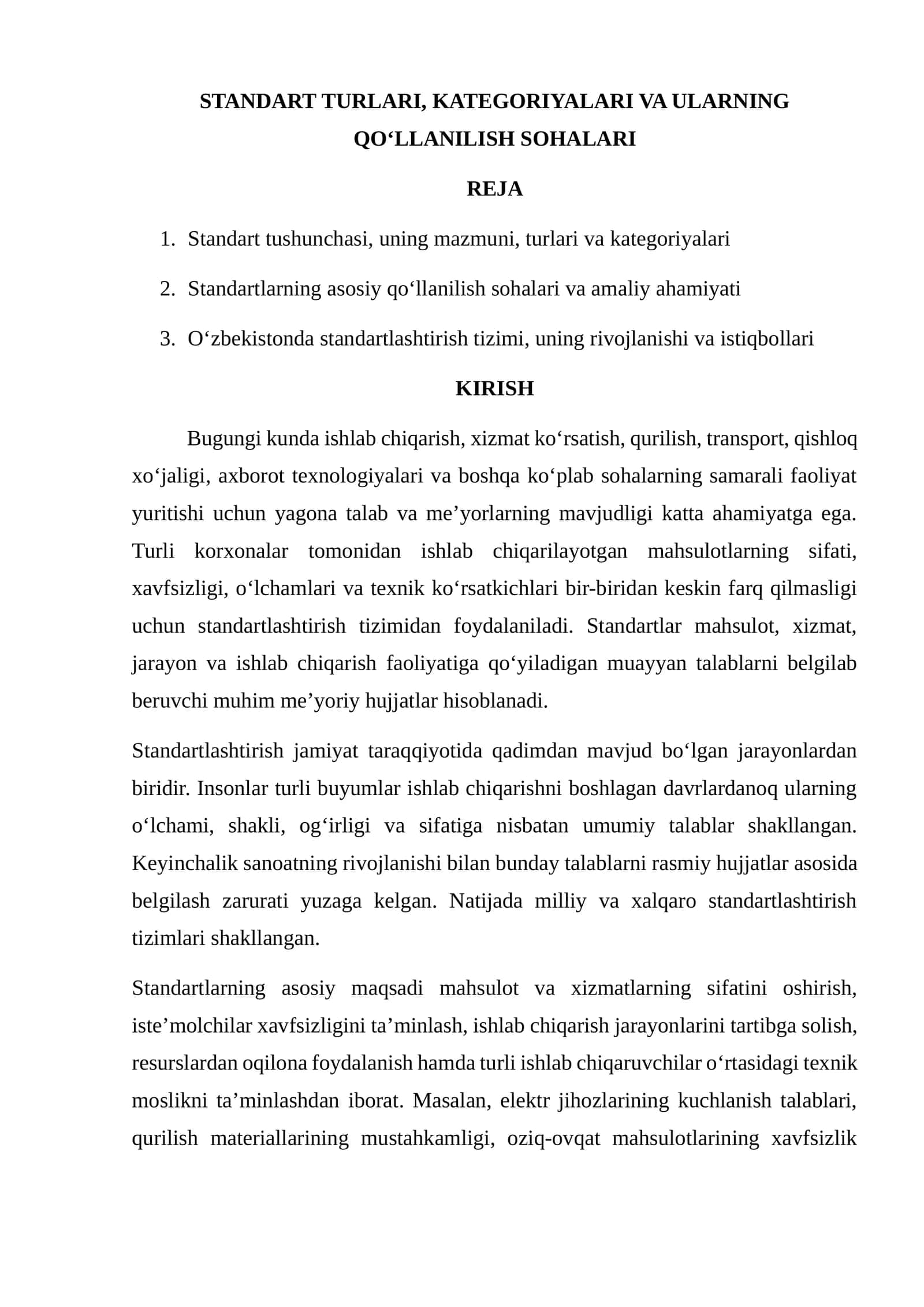 Standart turlari, kategoriyalari va ularning qo'llanilish sohalari 1
