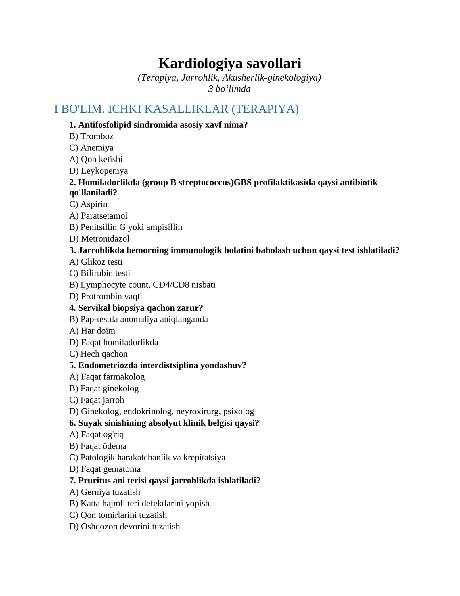 Kardiologiya savollari 1