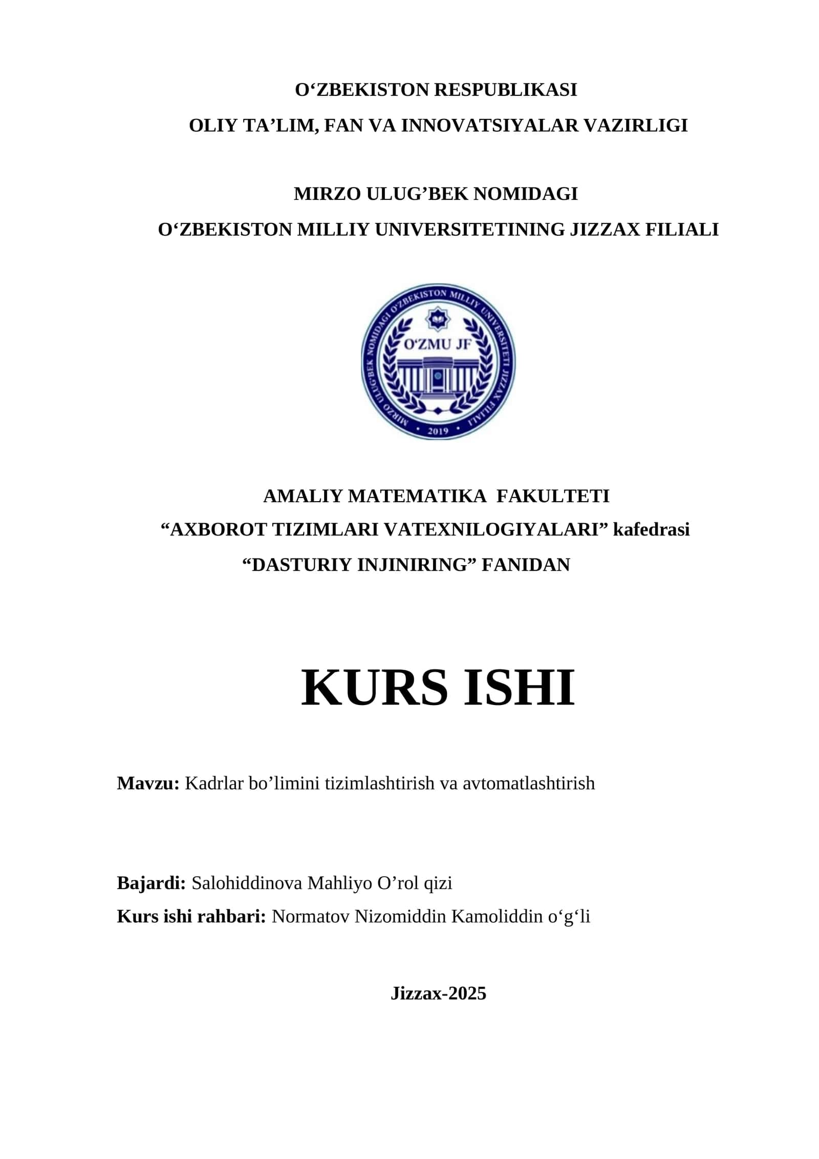 Kadrlar bo’limini tizimlashtirish va avtomatlashtirish 1