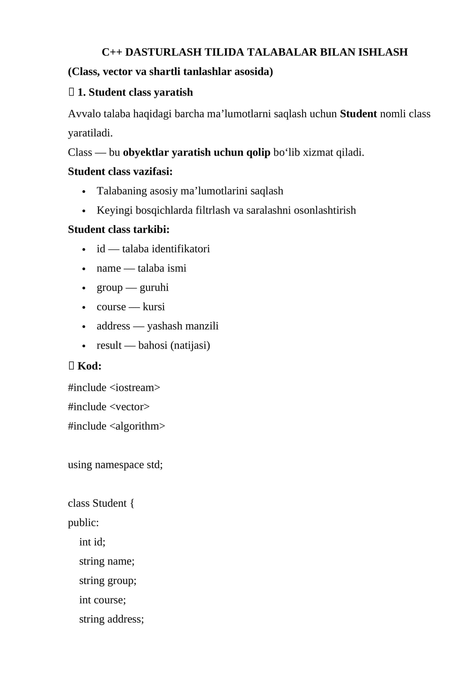 C++ DASTURLASH TILIDA TALABALAR BILAN ISHLASH 1