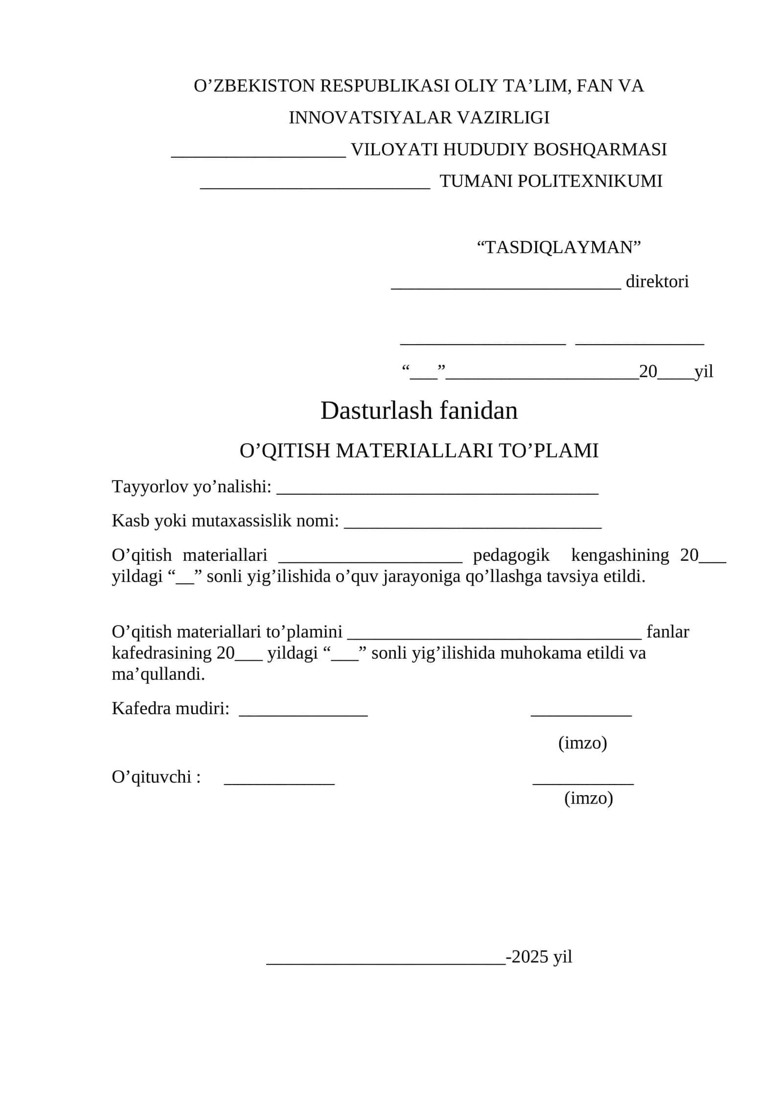 O’QITISH MATERIALLARI TO’PLAMI 1