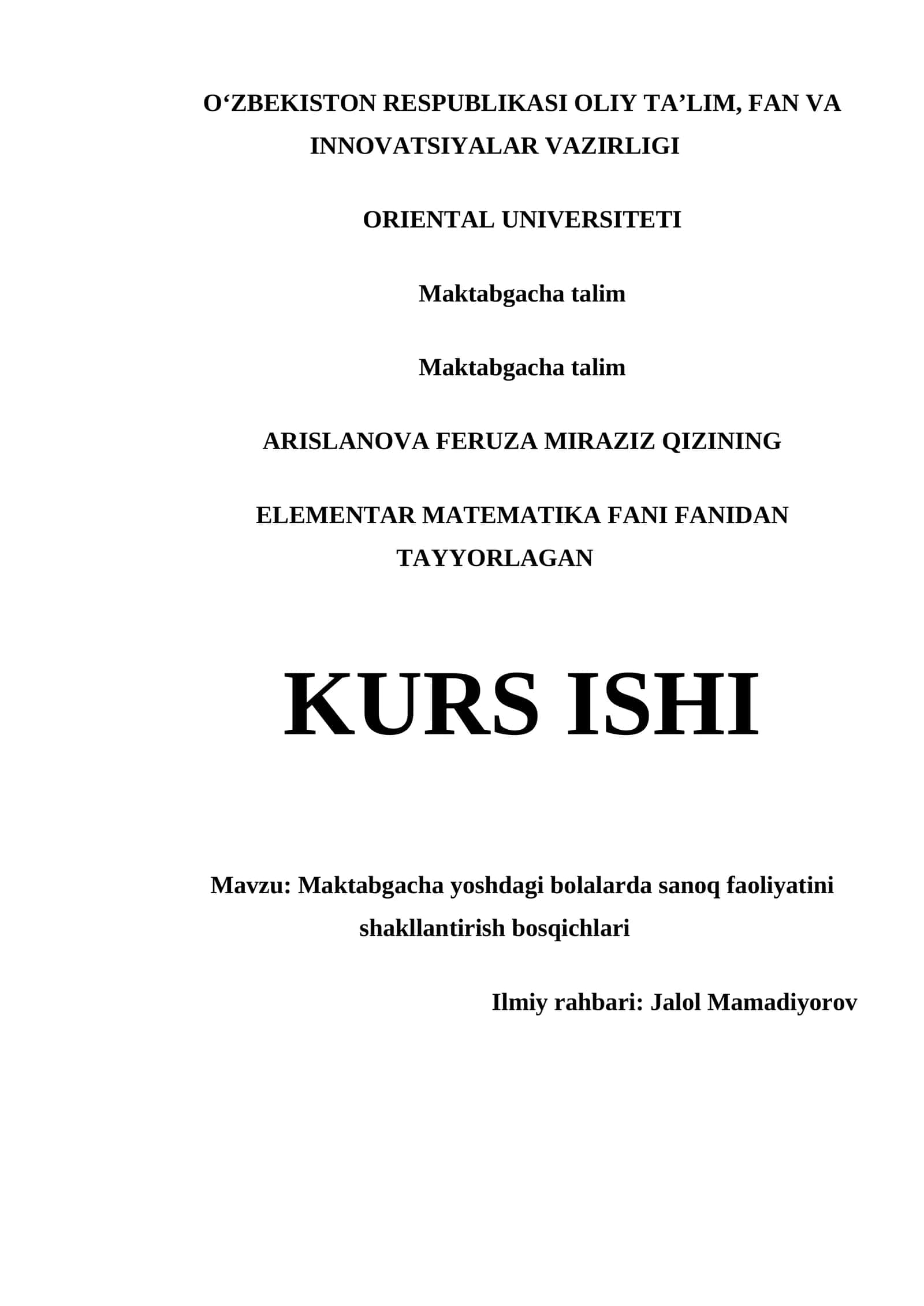 ELEMENTAR MATEMATIKA FANI FANIDAN TAYYORLAGAN KURS ISHI 1
