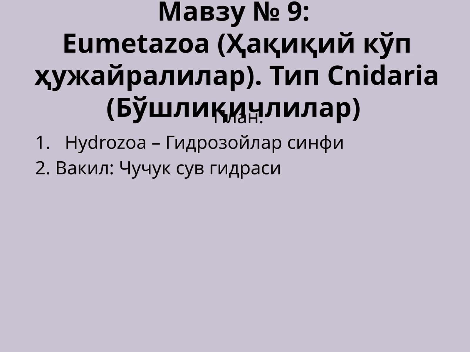Eumetazoa (Ҳақиқий кўп ҳужайралилар). Тип Cnidaria (Бўшлиқичлилар) 1