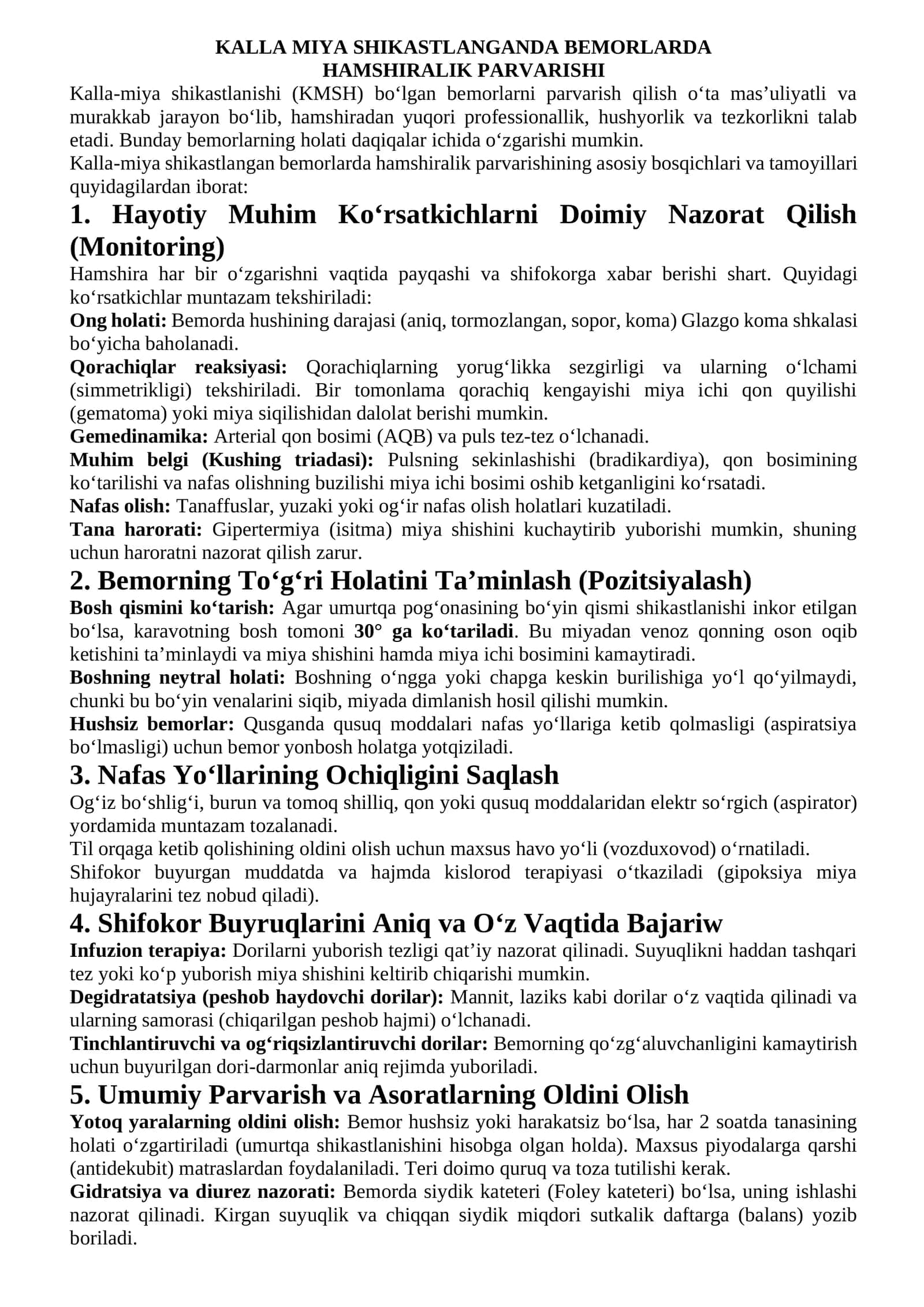 KALLA MIYA SHIKASTLANGANDA BEMORLARDA HAMSHIRALIK PARVARISHI 1