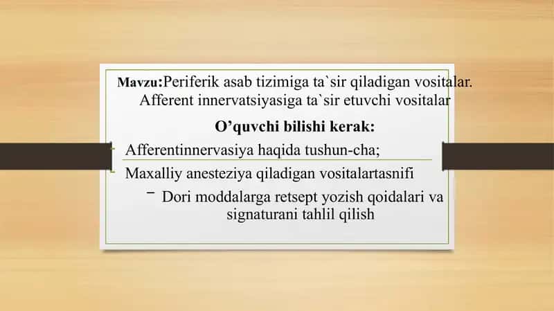 Periferik asab tizimiga ta`sir qiladigan vositalar. Afferent innervatsiyasiga ta`sir etuvchi vosital 1