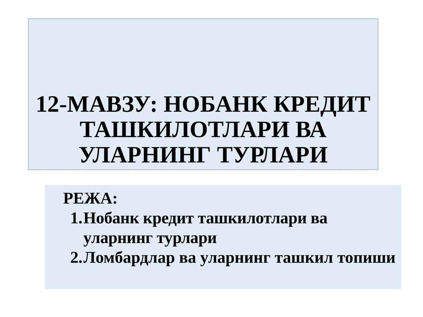 НОБАНК КРЕДИТ ТАШКИЛОТЛАРИ ВА УЛАРНИНГ ТУРЛАРИ 1
