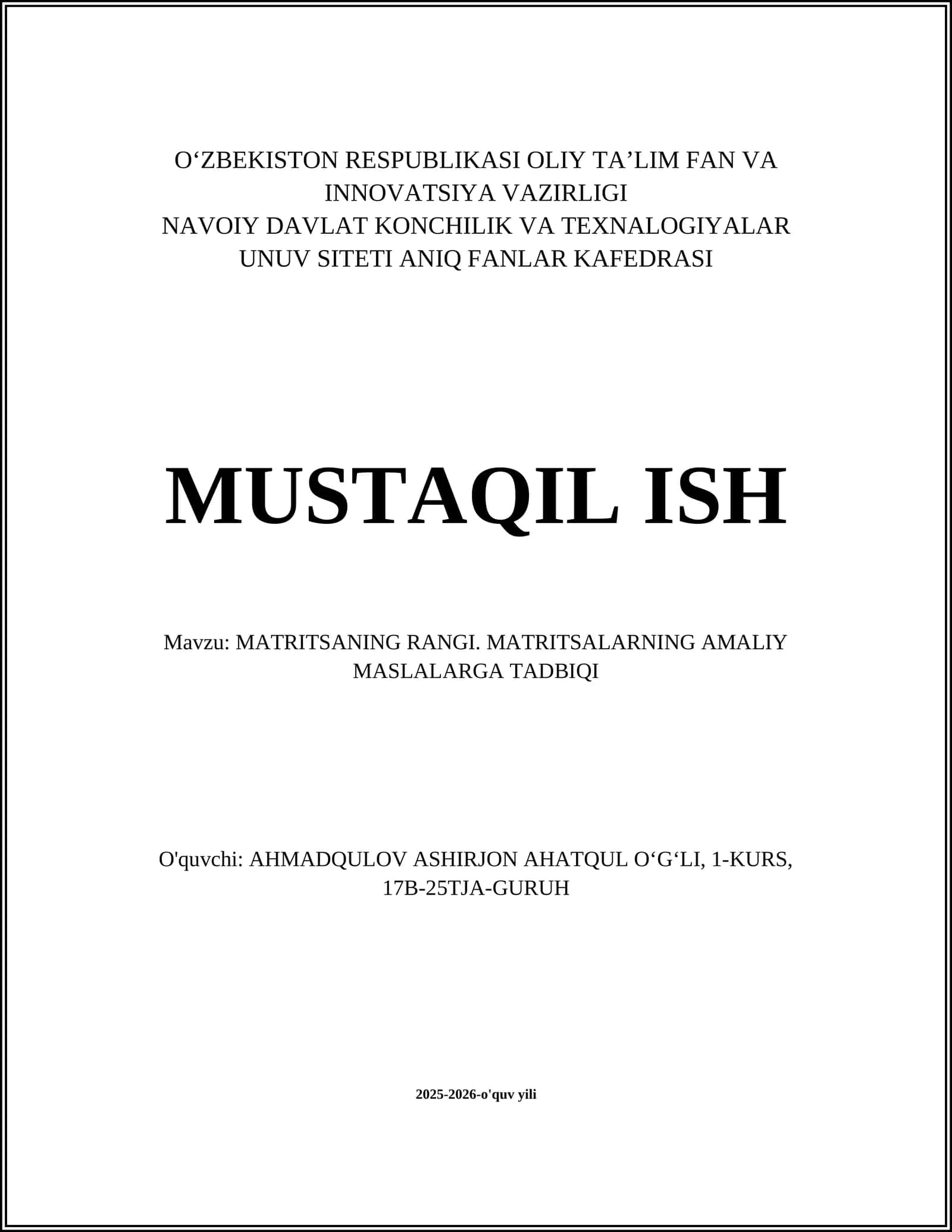 MATRITSANING RANGI. MATRITSALARNING AMALIY MASLALARGA TADBIQI 1