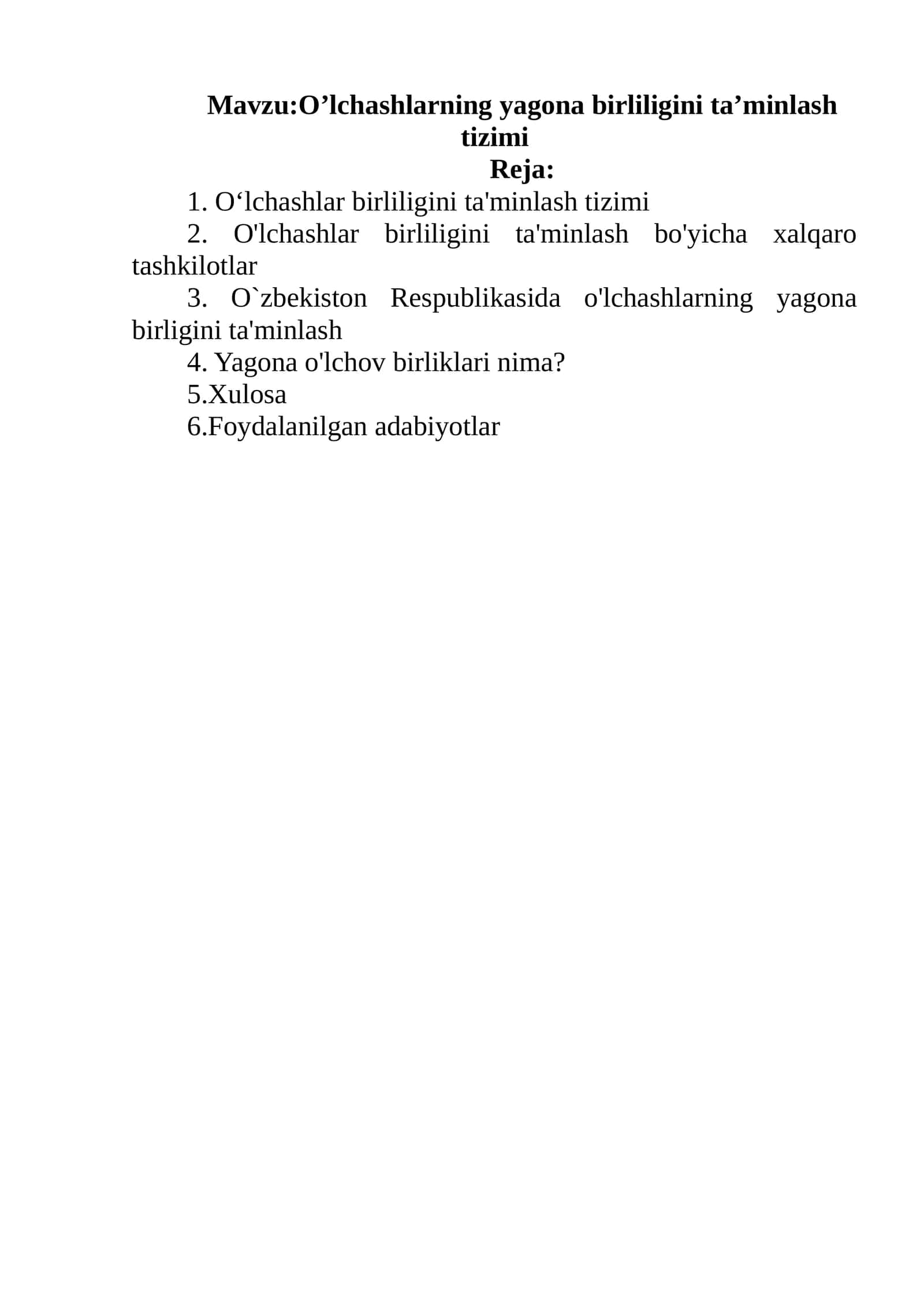 O’lchashlarning yagona birliligini ta'minlash tizimi 1