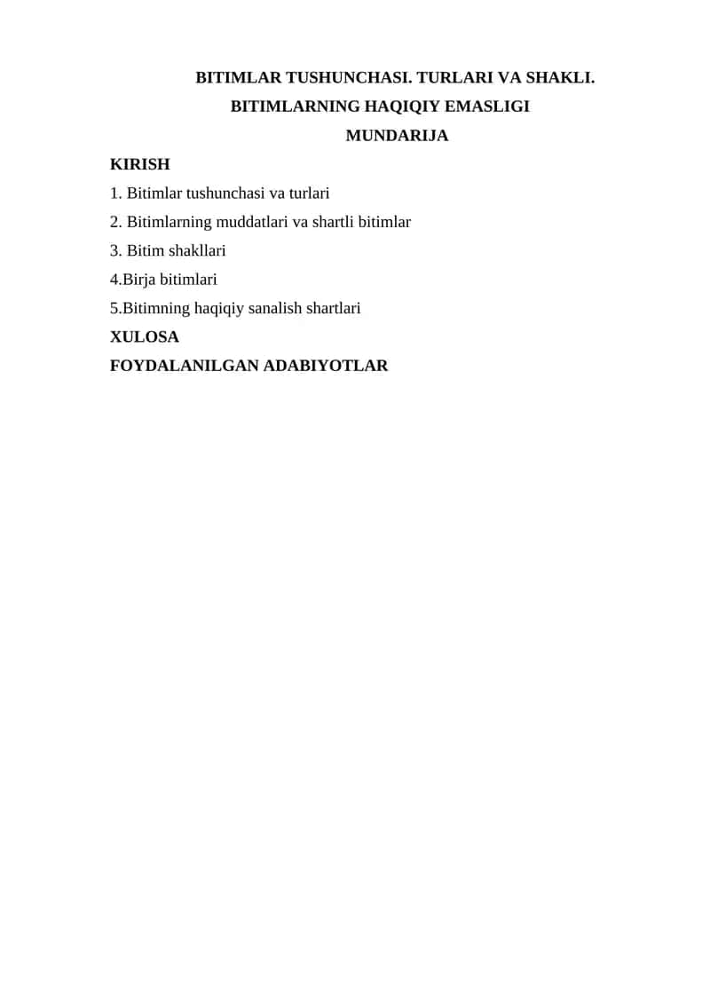 Bitimlar tushunchasi. Turlari va shakli. Bitimlar haqiqiy emasligi 1