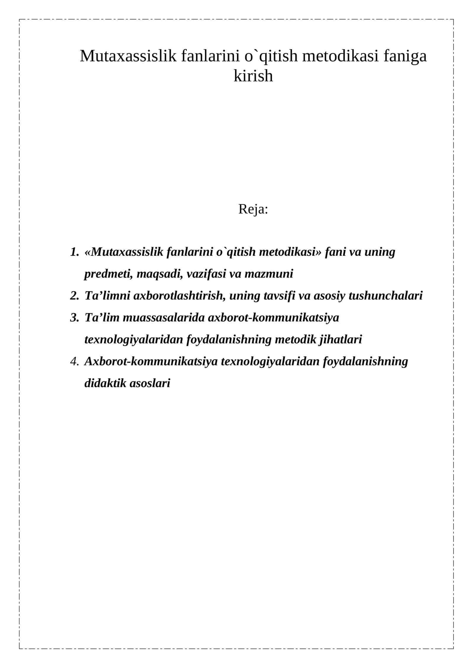 Mutaxassislik fanlarini o`qitish metodikasi 1