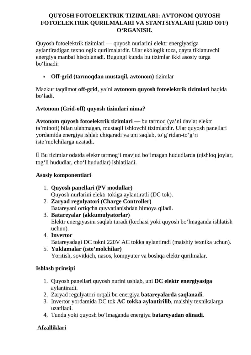 AVTONOM QUYOSH FOTOELEKTRIK QURILMALARI VA STANTSIYALARI (GRID OFF) O‘RGANISH 1