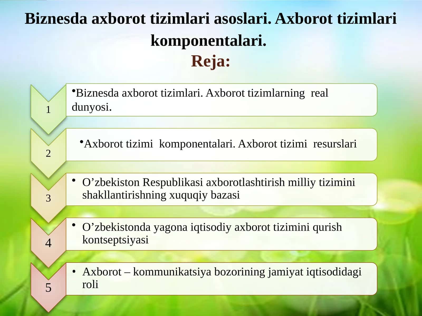 Biznesda axborot tizimlari asoslari. Axborot tizimlari komponentalari 1