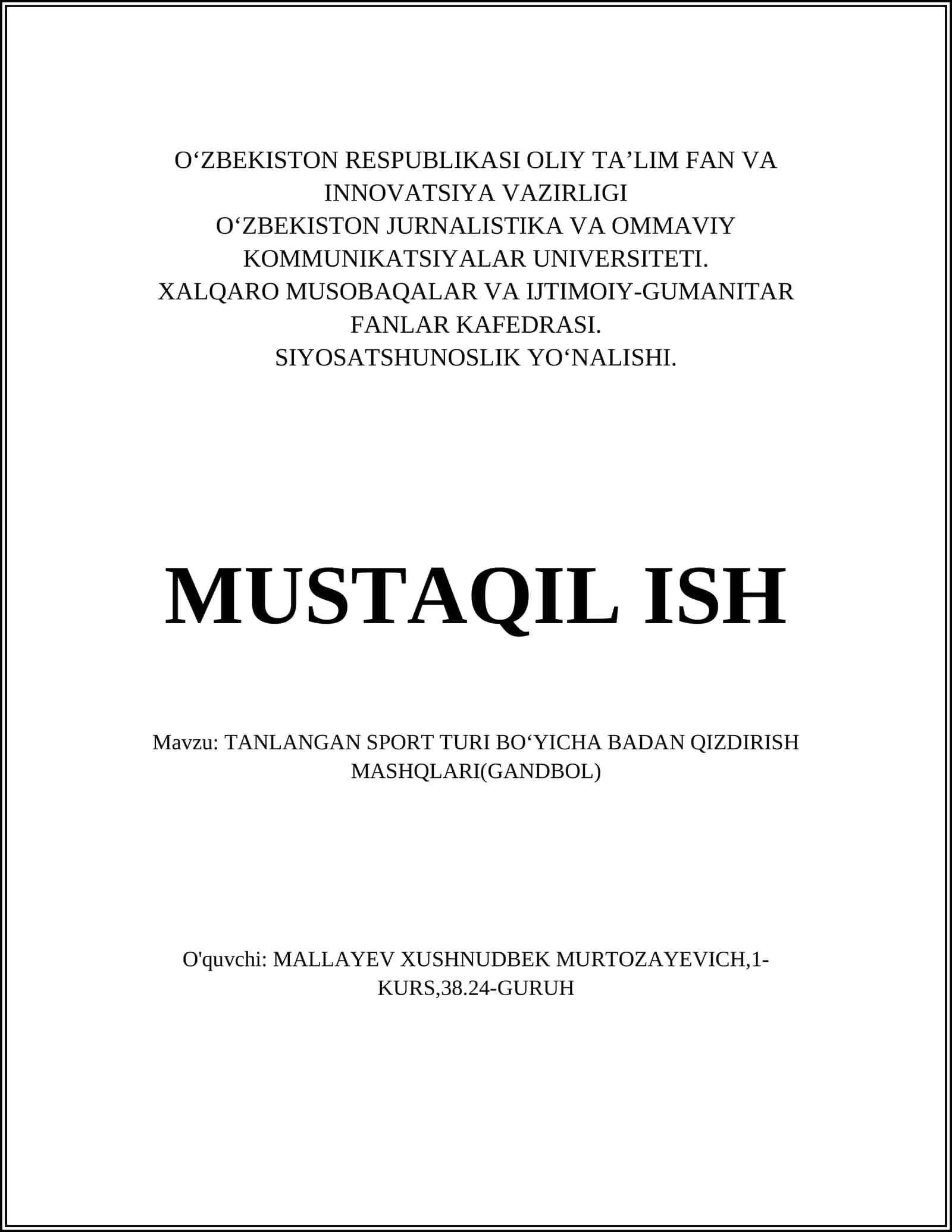 TANLANGAN SPORT TURI BOʻYICHA BADAN QIZDIRISH MASHQLARI(GANDBOL) 1