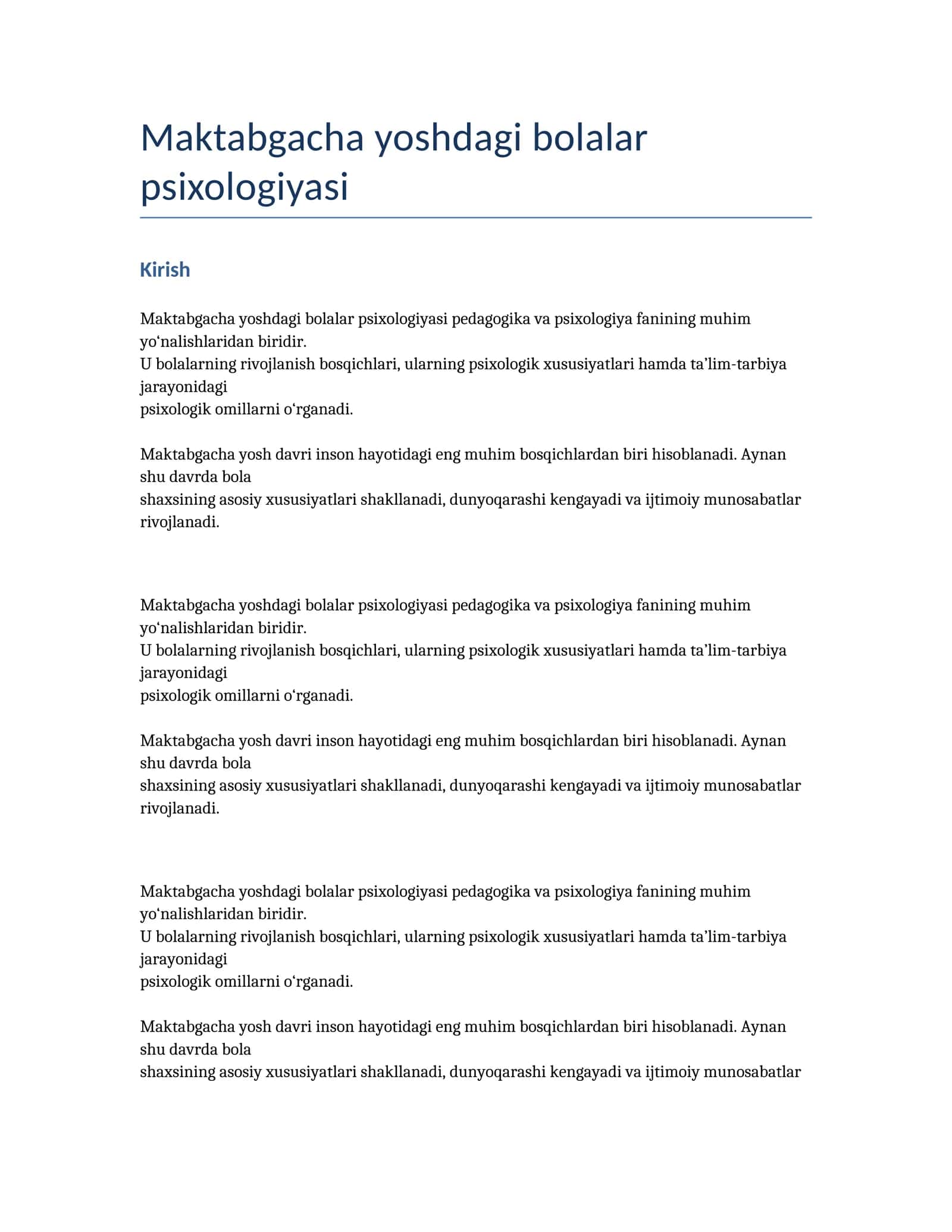 Maktabgacha bolalar psixologiyasi kurs-ishi 1